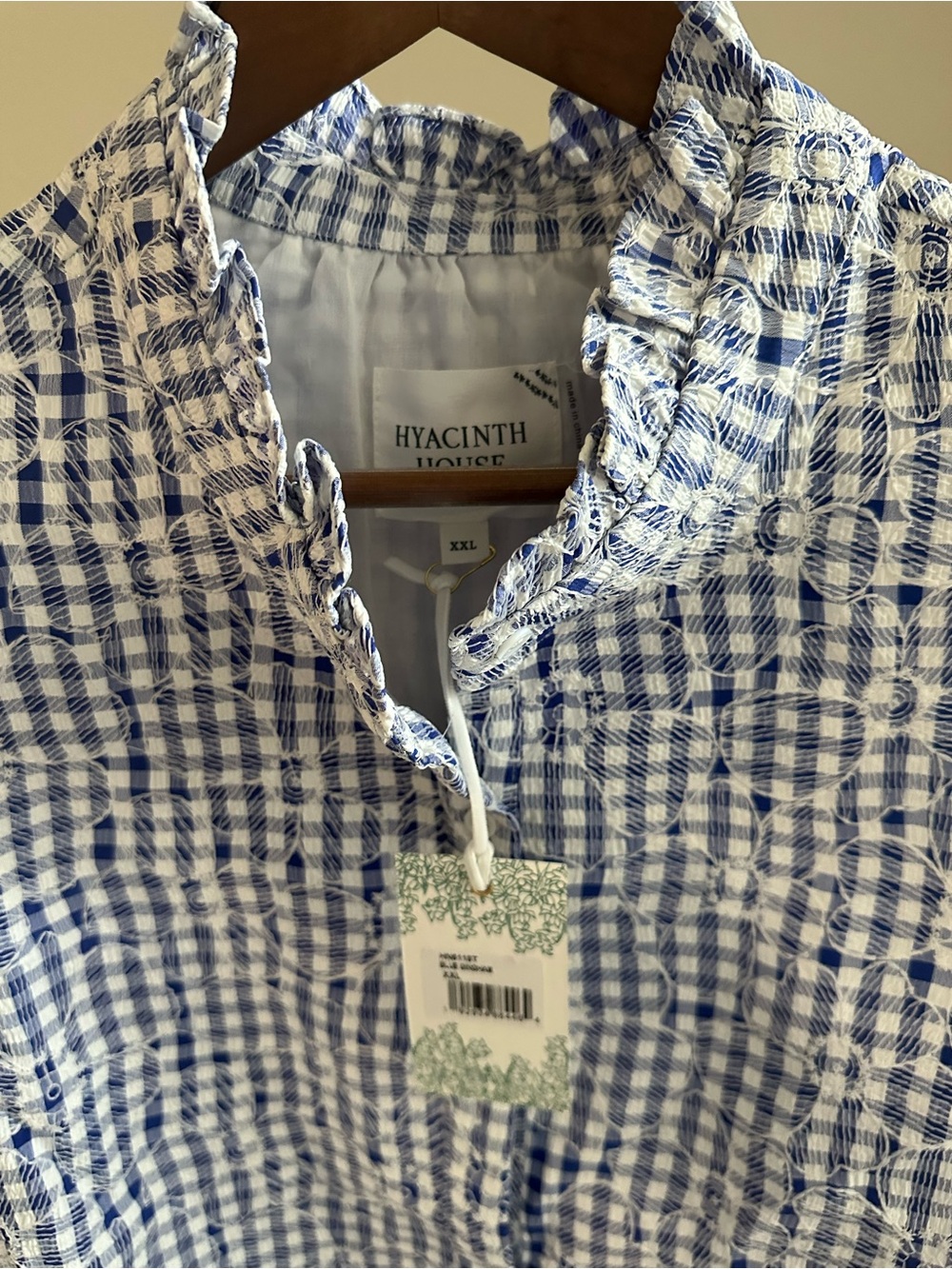 Blue Embroidered Gingham Puff Sleeve Shirt NWT - Picture 2 of 3